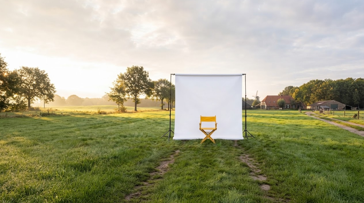 Een lege gele regisseursstoel voor een witte achtergronddoek, midden in een Twents weiland.